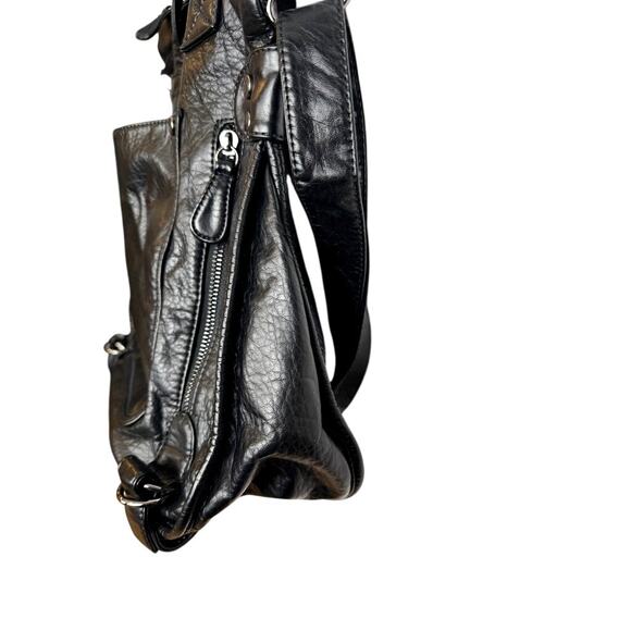 Black Soft Faux Leather Utility Tote Convertible Shoulder Crossbody Motorcycle - Picture 5 of 8